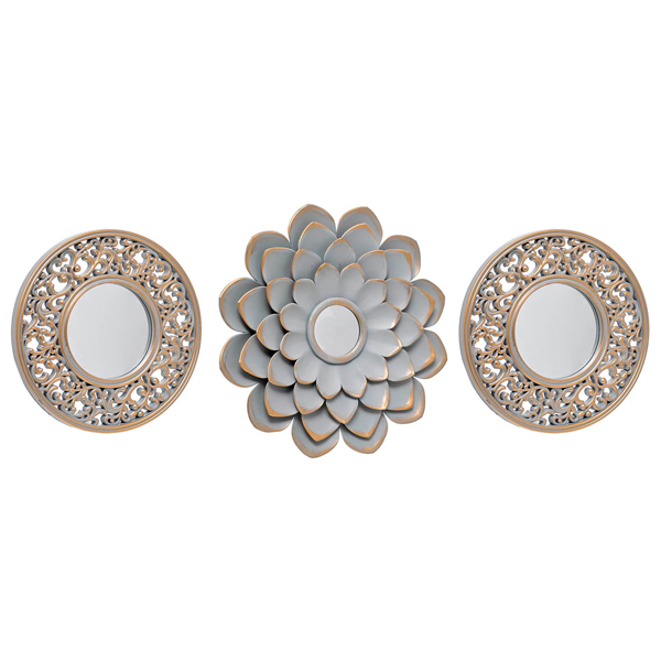 Set 3 espejos decorativos pequeños marco resina gris con dorado